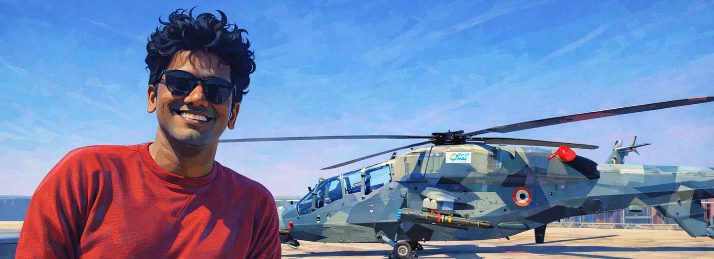 Anuvind with Helicopter (B&W)